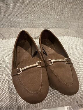 Brown Suede Women's Loafers with Gold Accent